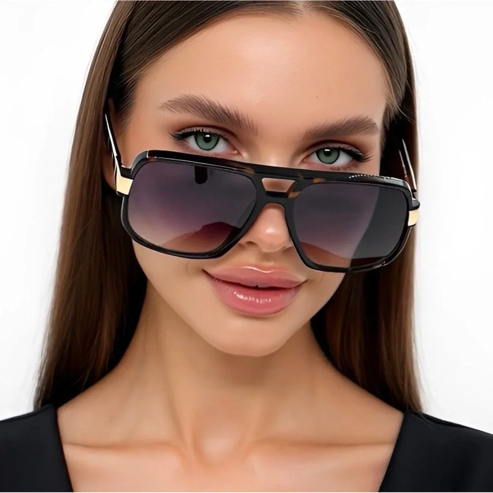 Oversized Square‎ Aviator Sunglasses Tortoise Gold Flat Top UV400 Retro Shades